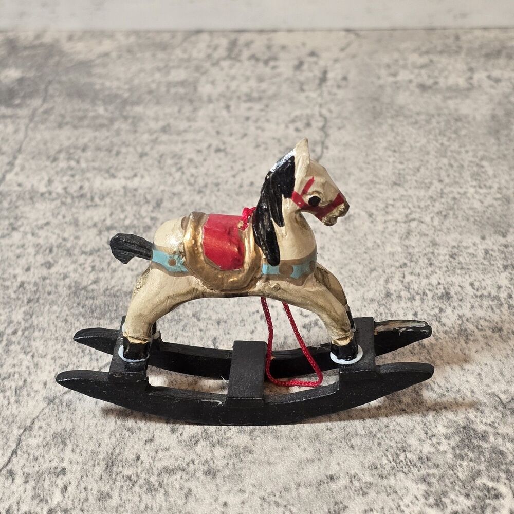 Vintage Hand Carved Wooden Miniature Rocking Horse 3.5" Dollhouse Handpainted